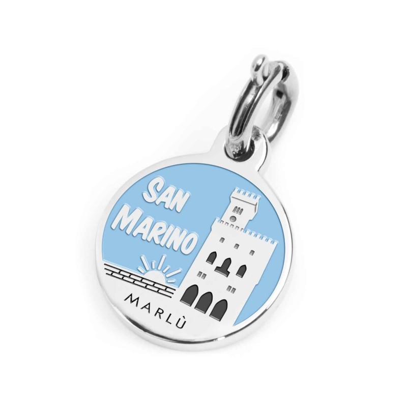 S.STEEL CHARM SAN MARINO S.steel round charm with San Marino city's symbols image, 14 mm diameter. On the front side lettering i S.STEEL CHARM SAN MARINO S.steel round charm with San Marino city's symbols image, 14 mm diameter. On the front side lettering i