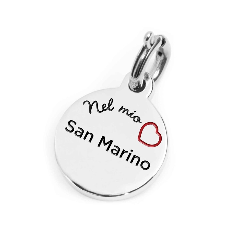 S.STEEL CHARM SAN MARINO S.steel round charm with San Marino city's symbols image, 14 mm diameter. On the front side lettering i S.STEEL CHARM SAN MARINO S.steel round charm with San Marino city's symbols image, 14 mm diameter. On the front side lettering i