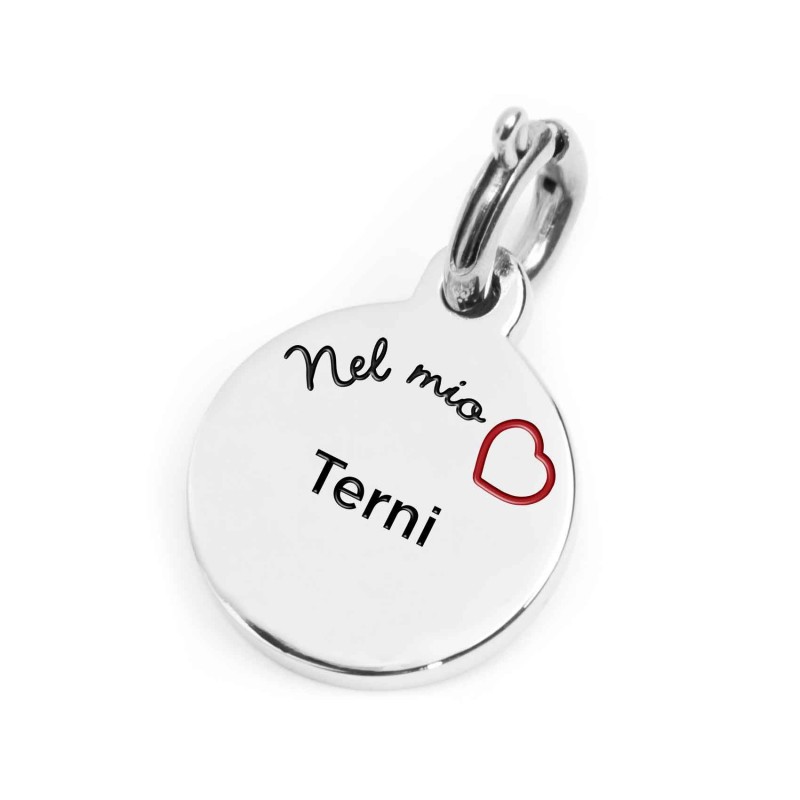 S.STEEL CHARM TERNI S.steel round charm with Terni city's symbols image, 14 mm diameter. On the front side lettering in black en S.STEEL CHARM TERNI S.steel round charm with Terni city's symbols image, 14 mm diameter. On the front side lettering in black en