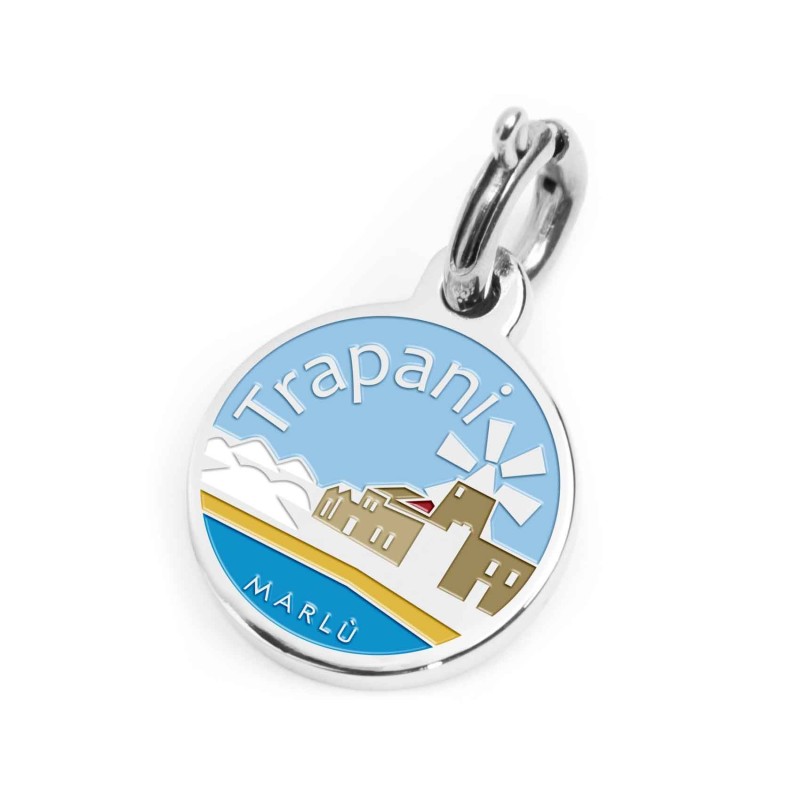 S.STEEL CHARM TRAPANI S.steel round charm with Trapani city's symbols image, 14 mm diameter. On the front side lettering in blac S.STEEL CHARM TRAPANI S.steel round charm with Trapani city's symbols image, 14 mm diameter. On the front side lettering in blac