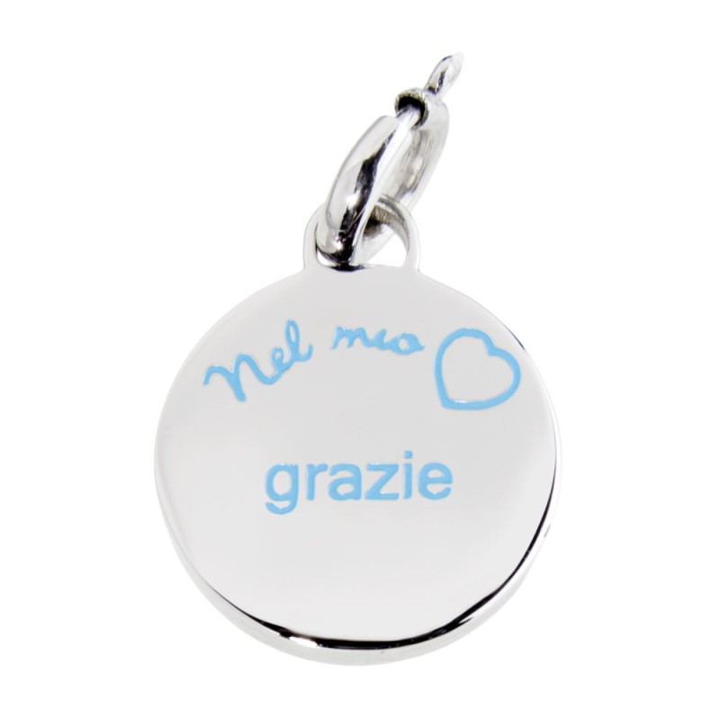 POLISHED S.STEEL PENDANT "GRAZIE" THE LOCK COLOR SAME AS PENDANT, THE WRITING MUST BE LIGHT BLUE POLISHED S.STEEL PENDANT "GRAZIE" THE LOCK COLOR SAME AS PENDANT, THE WRITING MUST BE LIGHT BLUE