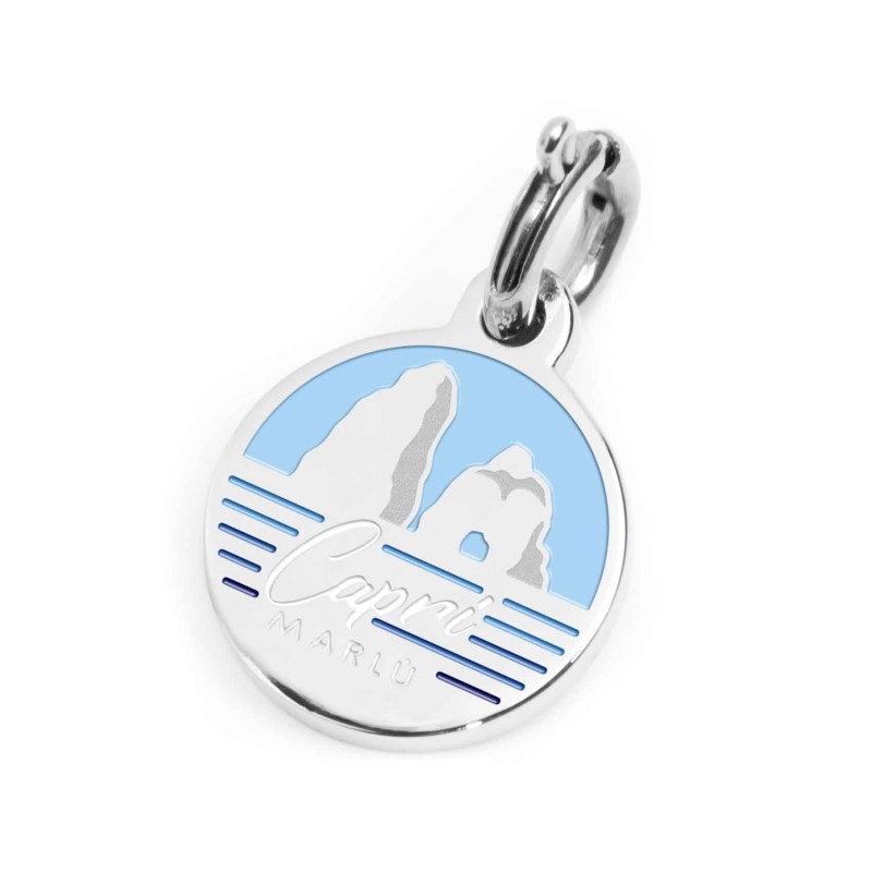 S.STEEL CHARM CAPRI S.steel round charm with Capri city's symbols image, 14 mm diameter. On the front side the charm is colored S.STEEL CHARM CAPRI S.steel round charm with Capri city's symbols image, 14 mm diameter. On the front side the charm is colored