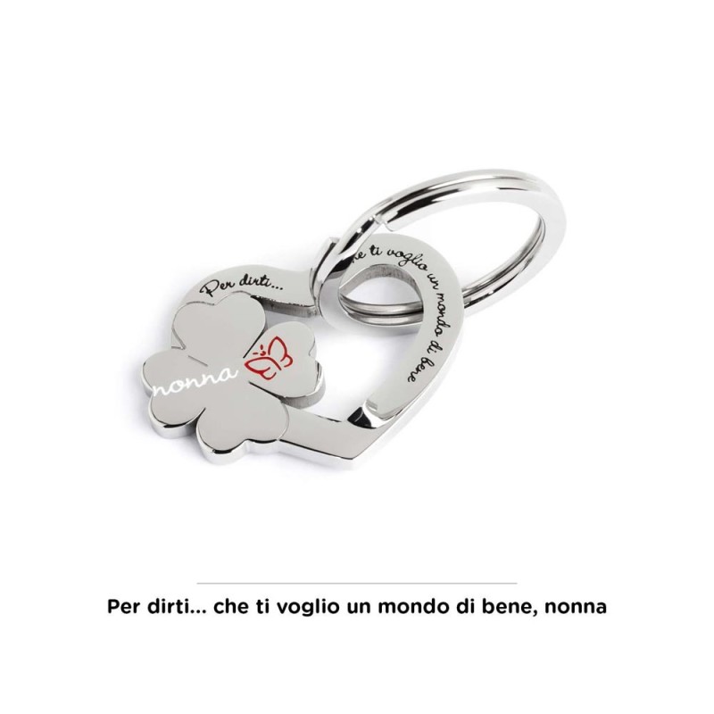 S.STEEL KEYRING WITH CLOVER S.Steel shape of heart keyring with four leef clover and writing "Per dirti ... che ti voglio un mon S.STEEL KEYRING WITH CLOVER S.Steel shape of heart keyring with four leef clover and writing "Per dirti ... che ti voglio un mon