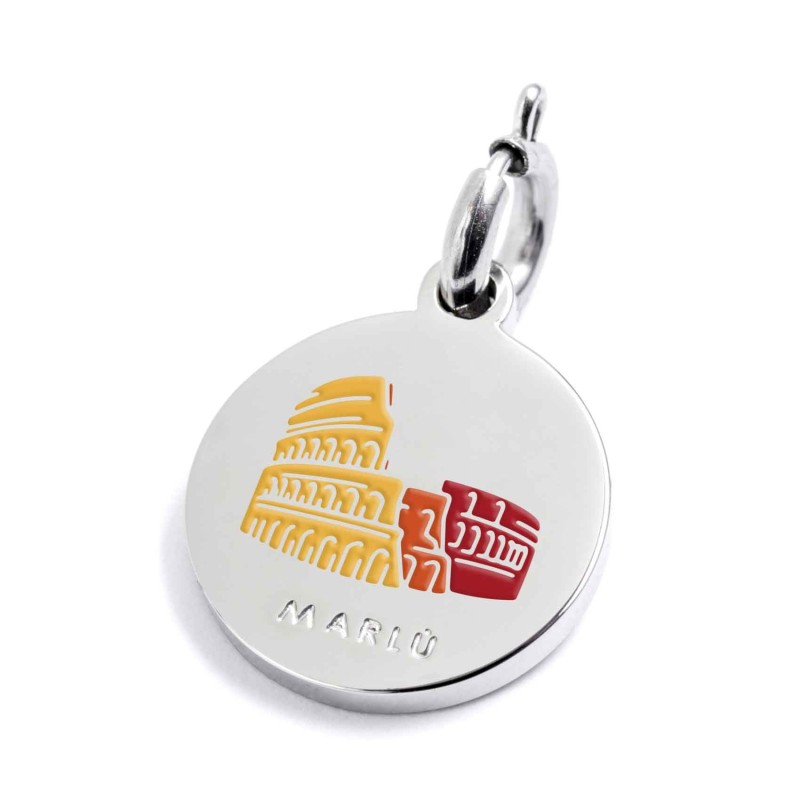 S.STEEL CHARM ROMA S.steel round charm with Roma city's symbols image, 14 mm diameter. On the front side lettering in black enam S.STEEL CHARM ROMA S.steel round charm with Roma city's symbols image, 14 mm diameter. On the front side lettering in black enam