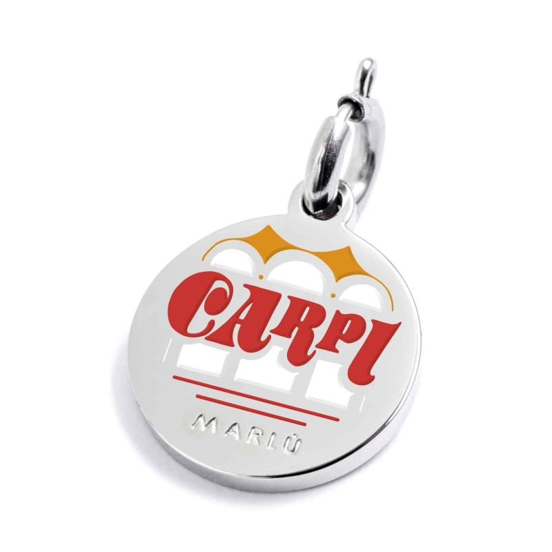 S.STEEL CHARM CARPI S.steel charm with Carpi city's symbol image. On the front side the charm is colored with enamel orange, red S.STEEL CHARM CARPI S.steel charm with Carpi city's symbol image. On the front side the charm is colored with enamel orange, red