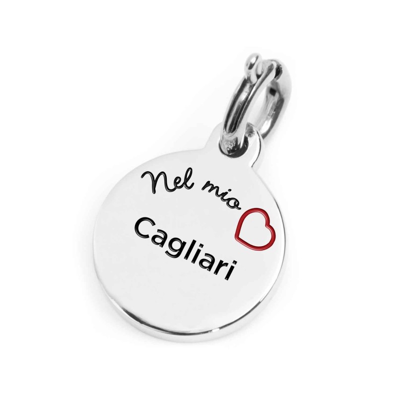 S.STEEL CHARM CAGLIARI S.steel charm with Cagliari city's symbol image. On the front side the charm is colored with enamel light S.STEEL CHARM CAGLIARI S.steel charm with Cagliari city's symbol image. On the front side the charm is colored with enamel light