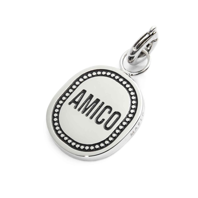 S.STEEL CHARM AMICO Polished s.steel charm size 12*10,70 mm, 1,40 mm thickness, on the top welded ring with 4 mm diameter. On th S.STEEL CHARM AMICO Polished s.steel charm size 12*10,70 mm, 1,40 mm thickness, on the top welded ring with 4 mm diameter. On th