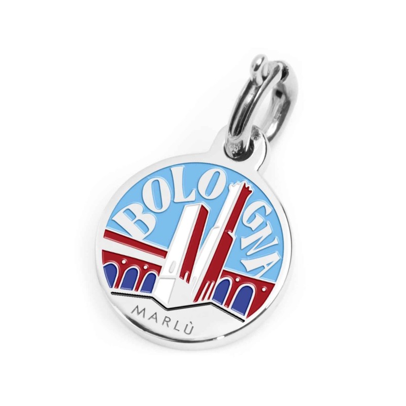 S.STEEL CHARM BOLOGNA S.steel charm with Bologna city's symbols image, with 14 mm diameter. On the front side the background is S.STEEL CHARM BOLOGNA S.steel charm with Bologna city's symbols image, with 14 mm diameter. On the front side the background is