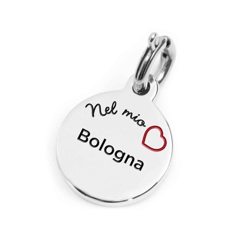 S.STEEL CHARM BOLOGNA S.steel charm with Bologna city's symbols image, with 14 mm diameter. On the front side the background is S.STEEL CHARM BOLOGNA S.steel charm with Bologna city's symbols image, with 14 mm diameter. On the front side the background is