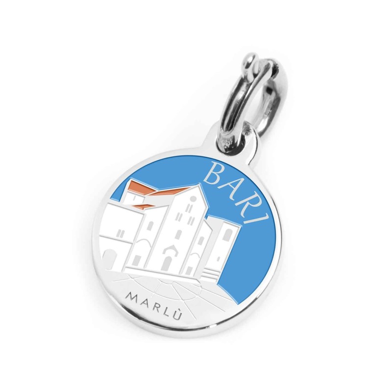 S.STEEL CHARM BARI S.steel charm with Bari city's symbols image, with 14 mm diameter. On the front side the city name and backgr S.STEEL CHARM BARI S.steel charm with Bari city's symbols image, with 14 mm diameter. On the front side the city name and backgr