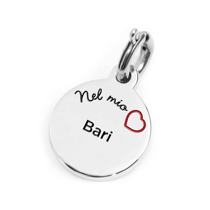 S.STEEL CHARM BARI S.steel charm with Bari city's symbols image, with 14 mm diameter. On the front side the city name and backgr S.STEEL CHARM BARI S.steel charm with Bari city's symbols image, with 14 mm diameter. On the front side the city name and backgr