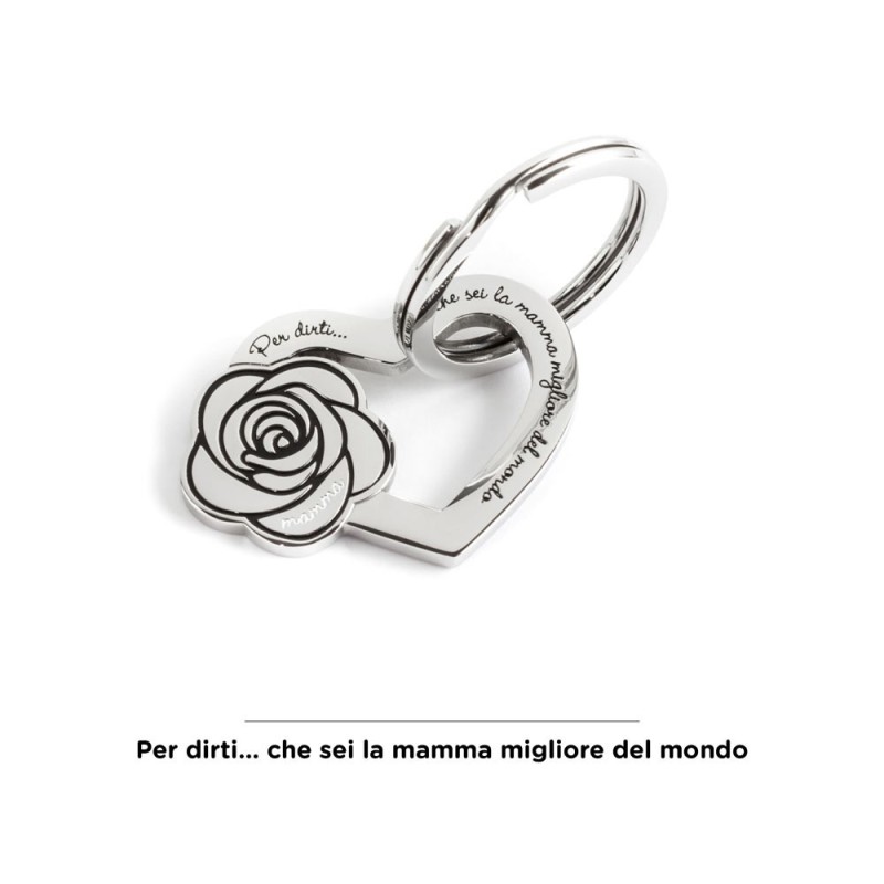 S.STEEL KEYRING WITH ROSE S.Steel shape of heart keyring with rose and writing "Per dirti ... che sei la mamma migliore del mond S.STEEL KEYRING WITH ROSE S.Steel shape of heart keyring with rose and writing "Per dirti ... che sei la mamma migliore del mond