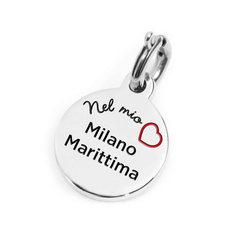 S.STEEL CHARM MILANO MARITTIMA S.steel round charm with Milano Marittima city's symbols image, 14 mm diameter. On the front side S.STEEL CHARM MILANO MARITTIMA S.steel round charm with Milano Marittima city's symbols image, 14 mm diameter. On the front side
