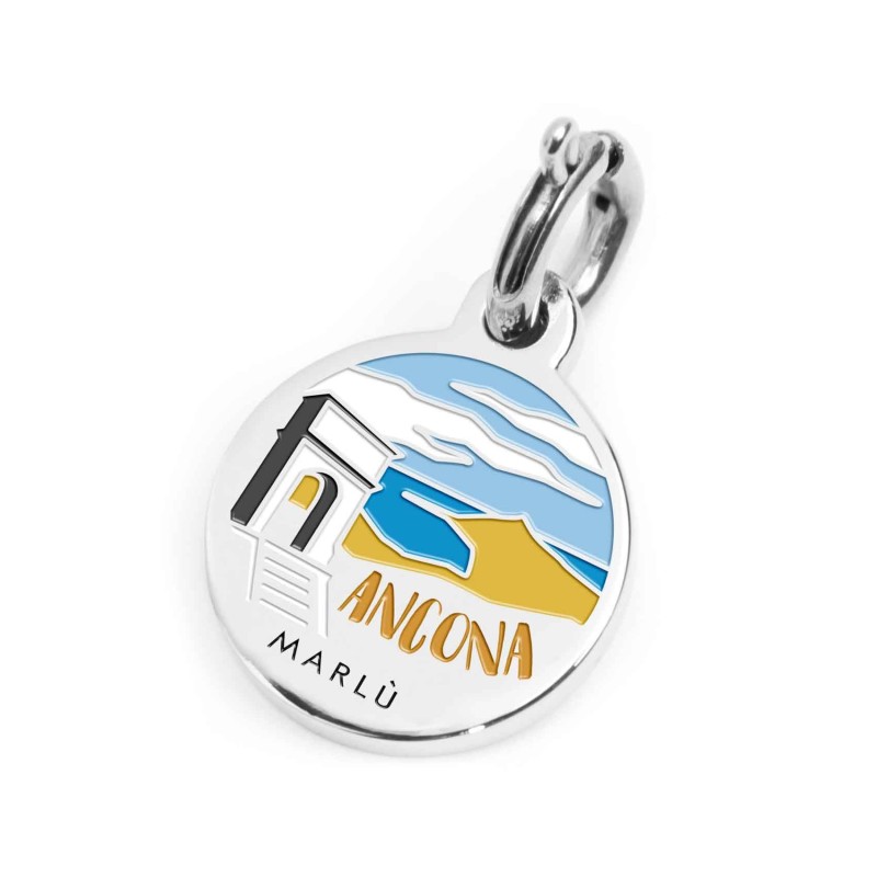 S.STEEL CHARM ANCONA S.steel round charm with Ancona city's symbols image, 14 mm diameter. On the front side lettering in black S.STEEL CHARM ANCONA S.steel round charm with Ancona city's symbols image, 14 mm diameter. On the front side lettering in black
