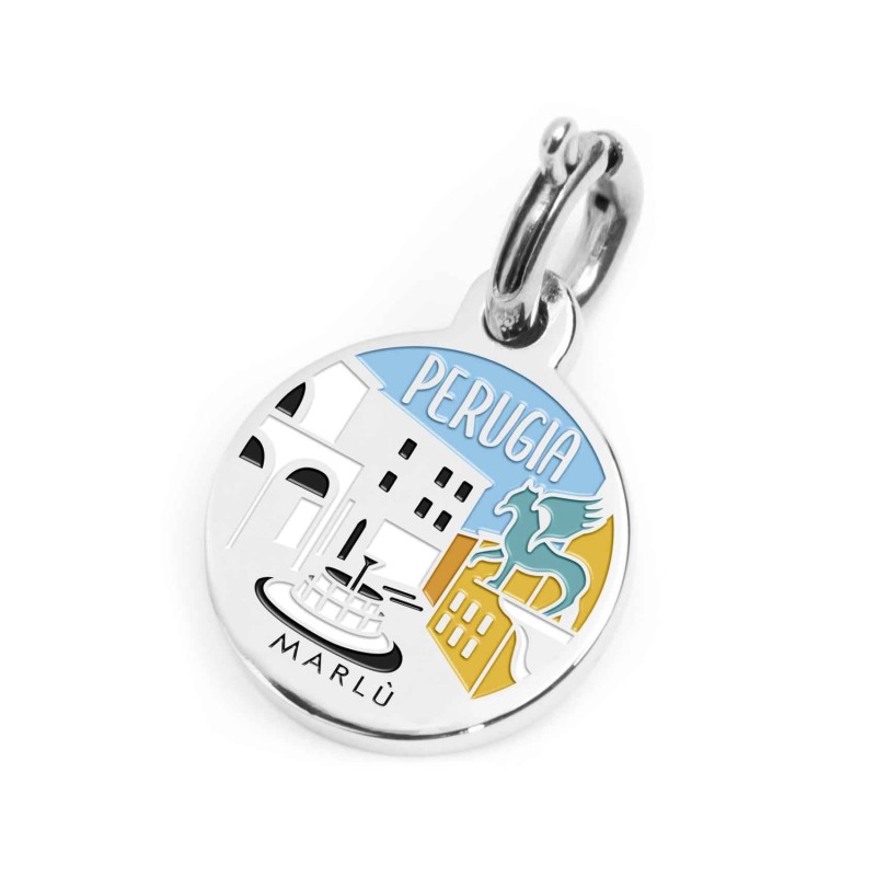 S.STEEL CHARM PERUGIA S.steel round charm with Perugia city's symbols image, 14 mm diameter. On the front side lettering in blac S.STEEL CHARM PERUGIA S.steel round charm with Perugia city's symbols image, 14 mm diameter. On the front side lettering in blac
