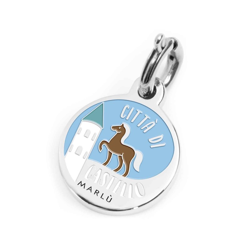 S.STEEL CHARM CITTA DI CASTELLO S.steel round charm with Città di Castello city's symbols image, 14 mm diameter. On the front s S.STEEL CHARM CITTA DI CASTELLO S.steel round charm with Città di Castello city's symbols image, 14 mm diameter. On the front s
