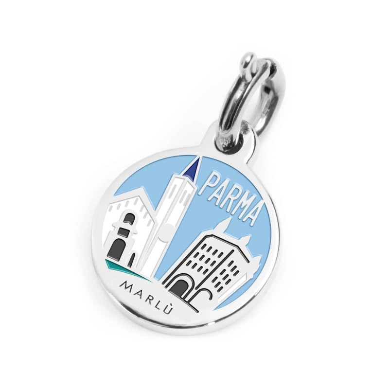 S.STEEL CHARM PARMA S.steel round charm with Parma city's symbols image, 14 mm diameter. On the front side lettering in black en S.STEEL CHARM PARMA S.steel round charm with Parma city's symbols image, 14 mm diameter. On the front side lettering in black en