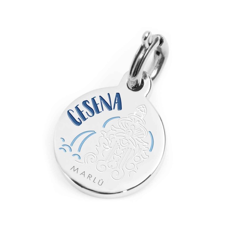 S.STEEL CHARM CESENA S.steel round charm with Cesena city's symbols image. On the front side lettering in black enamel "Nel mio" S.STEEL CHARM CESENA S.steel round charm with Cesena city's symbols image. On the front side lettering in black enamel "Nel mio"