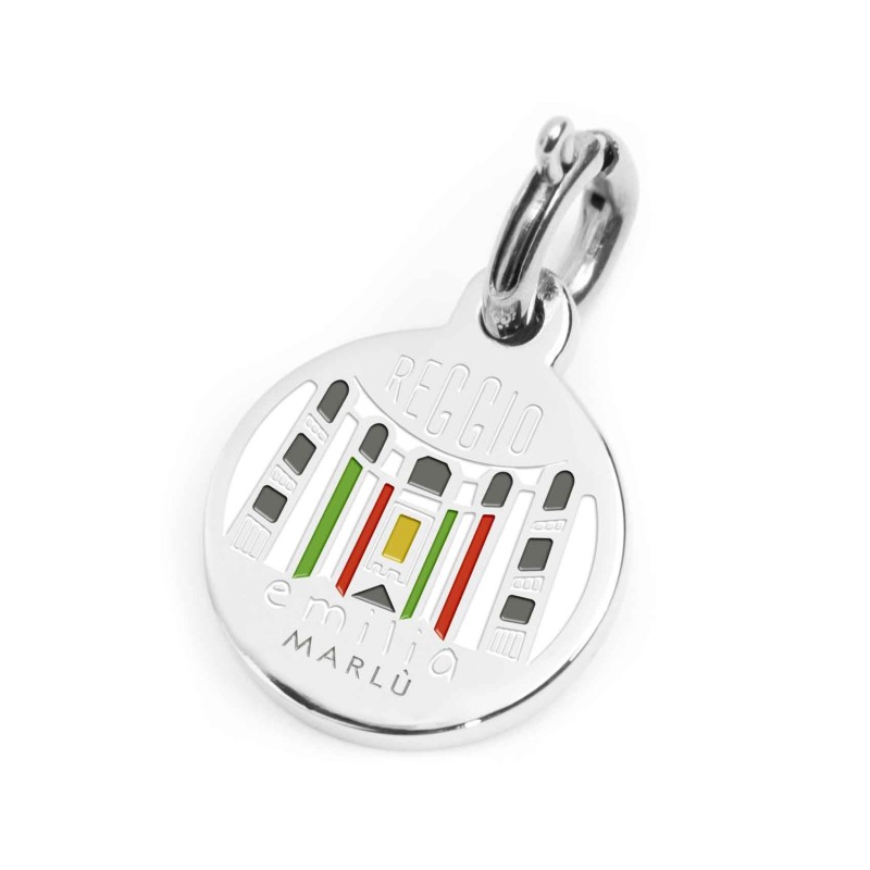 S.STEEL CHARM REGGIO EMILIA S.steel charm with Reggio Emilia city's symbols image, with 14 mm diameter. On the front side the wr S.STEEL CHARM REGGIO EMILIA S.steel charm with Reggio Emilia city's symbols image, with 14 mm diameter. On the front side the wr