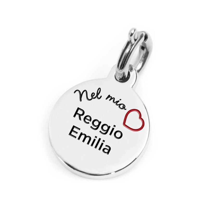 S.STEEL CHARM REGGIO EMILIA S.steel charm with Reggio Emilia city's symbols image, with 14 mm diameter. On the front side the wr S.STEEL CHARM REGGIO EMILIA S.steel charm with Reggio Emilia city's symbols image, with 14 mm diameter. On the front side the wr