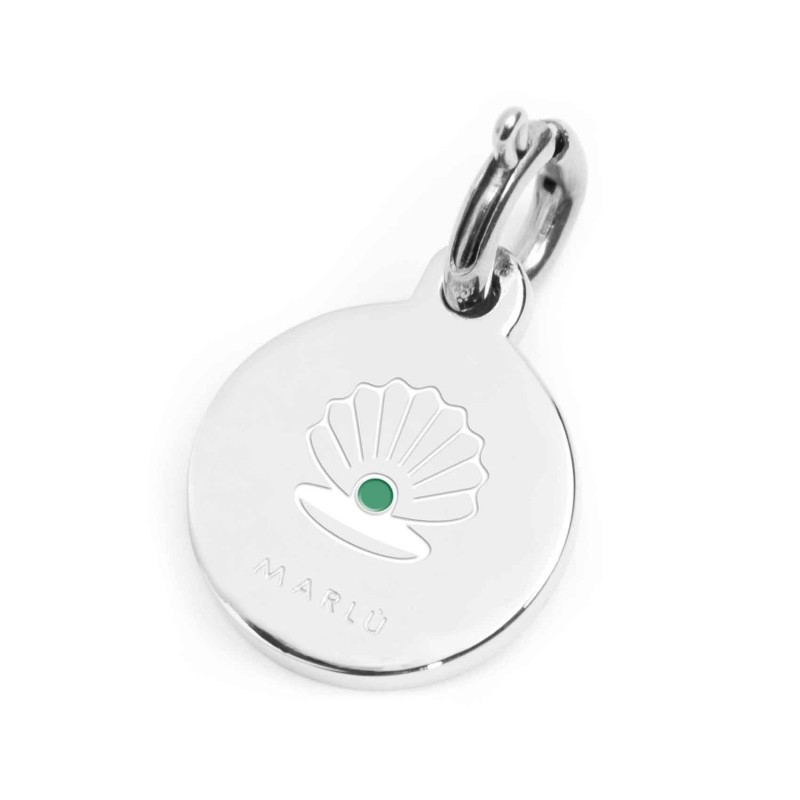 S.STEEL CHARM RICCIONE S.steel round charm with Riccione city's symbols image, 14 mm diameter. On the front side lettering in bl S.STEEL CHARM RICCIONE S.steel round charm with Riccione city's symbols image, 14 mm diameter. On the front side lettering in bl