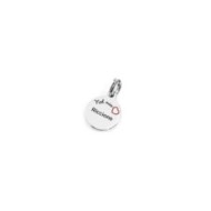S.STEEL CHARM RICCIONE S.steel round charm with Riccione city's symbols image, 14 mm diameter. On the front side lettering in bl
