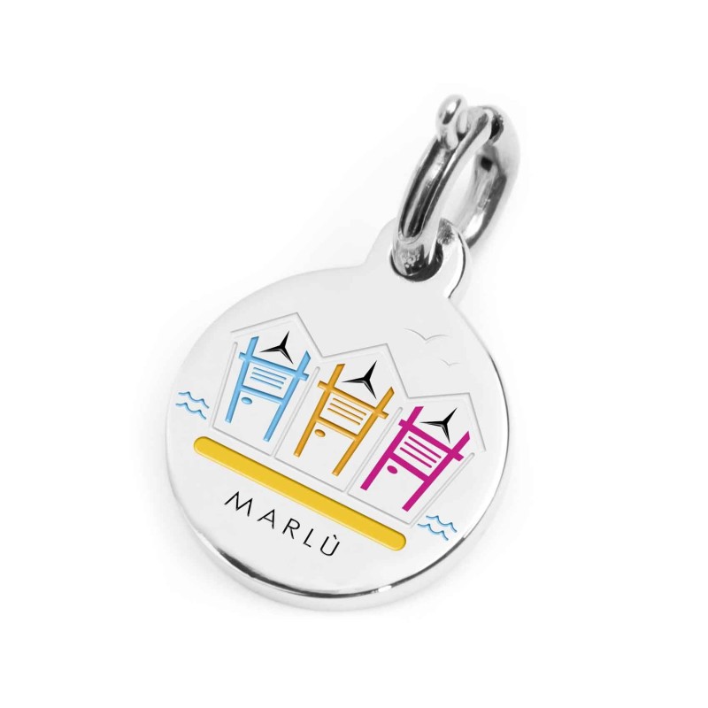 S.STEEL CHARM GATTOE MARE S.steel round charm with Gatteo Mare city's symbols image, 14 mm diameter. On the front side lettering S.STEEL CHARM GATTOE MARE S.steel round charm with Gatteo Mare city's symbols image, 14 mm diameter. On the front side lettering