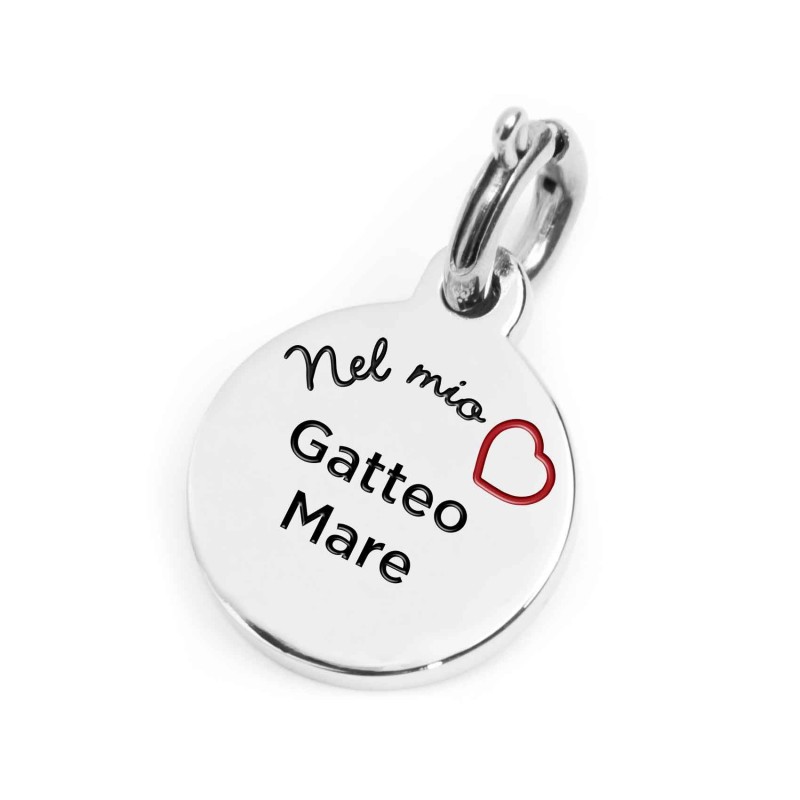 S.STEEL CHARM GATTOE MARE S.steel round charm with Gatteo Mare city's symbols image, 14 mm diameter. On the front side lettering S.STEEL CHARM GATTOE MARE S.steel round charm with Gatteo Mare city's symbols image, 14 mm diameter. On the front side lettering