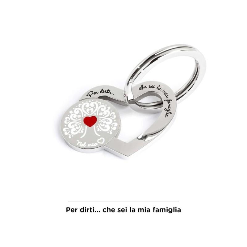 S.STEEL KEYRING WITH THREE OF VALUES S.Steel shape of heart keyring with three of life writing "Per dirti ... che sei la mia fam S.STEEL KEYRING WITH THREE OF VALUES S.Steel shape of heart keyring with three of life writing "Per dirti ... che sei la mia fam
