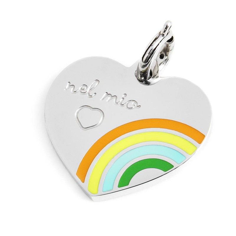 S.STEEL HEART CHARM 20MM WITH RAINBOW S.steel heart shape charm 20 mm diameter, 1,50 mm thickness, on the front side the engrave S.STEEL HEART CHARM 20MM WITH RAINBOW S.steel heart shape charm 20 mm diameter, 1,50 mm thickness, on the front side the engrave