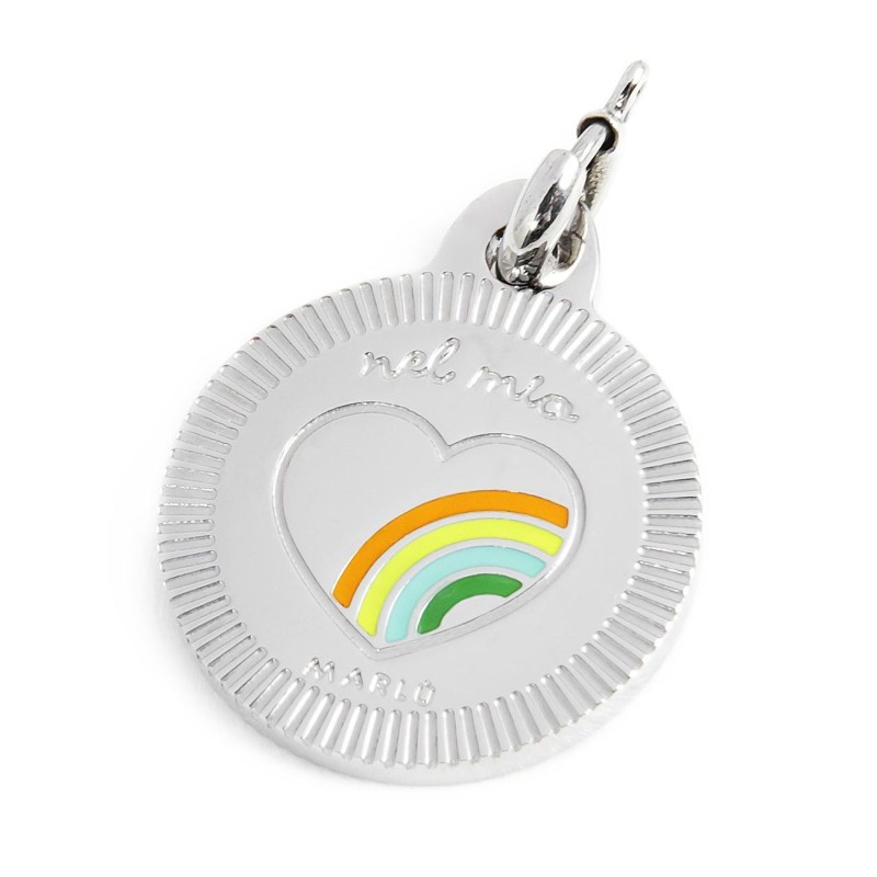S.STEEL CHARM ROUND 14MM HEART/RAINBOW S.steel round charm 14 mm diameter with 1,10 mm thickness, on the front side, in the midd S.STEEL CHARM ROUND 14MM HEART/RAINBOW S.steel round charm 14 mm diameter with 1,10 mm thickness, on the front side, in the midd