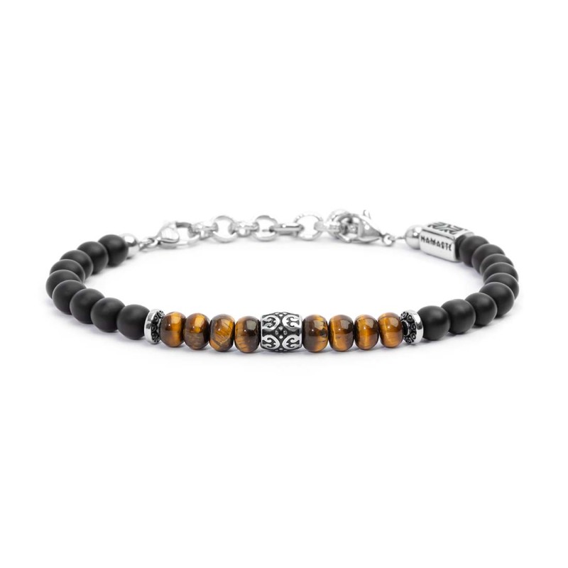 S.STEEL BR BLACK ONYX AND TIGER EYE S.Steel bracelet with on the side black onyx spheres 6,40 mm diameter, 2 elements polished s S.STEEL BR BLACK ONYX AND TIGER EYE S.Steel bracelet with on the side black onyx spheres 6,40 mm diameter, 2 elements polished s