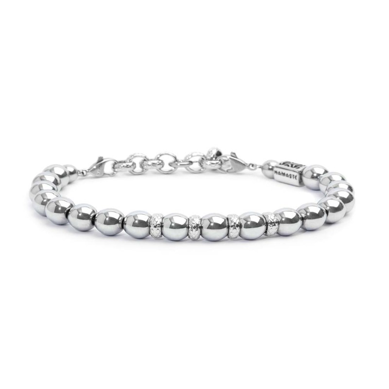 S.STEEL BR HEMATITE 8MM S.Steel bracelet with polished hematite spheres 8 mm diameter, in the center alternated with 4 polished S.STEEL BR HEMATITE 8MM S.Steel bracelet with polished hematite spheres 8 mm diameter, in the center alternated with 4 polished