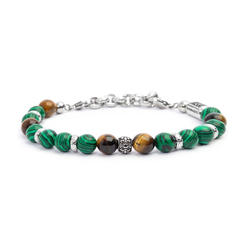 S.STEEL BR MALACHITE AND TIGER EYE SPHERES S.Steel bracelet with malachite spheres 8 mm diameter, alternated with tiger eye sphe S.STEEL BR MALACHITE AND TIGER EYE SPHERES S.Steel bracelet with malachite spheres 8 mm diameter, alternated with tiger eye sphe