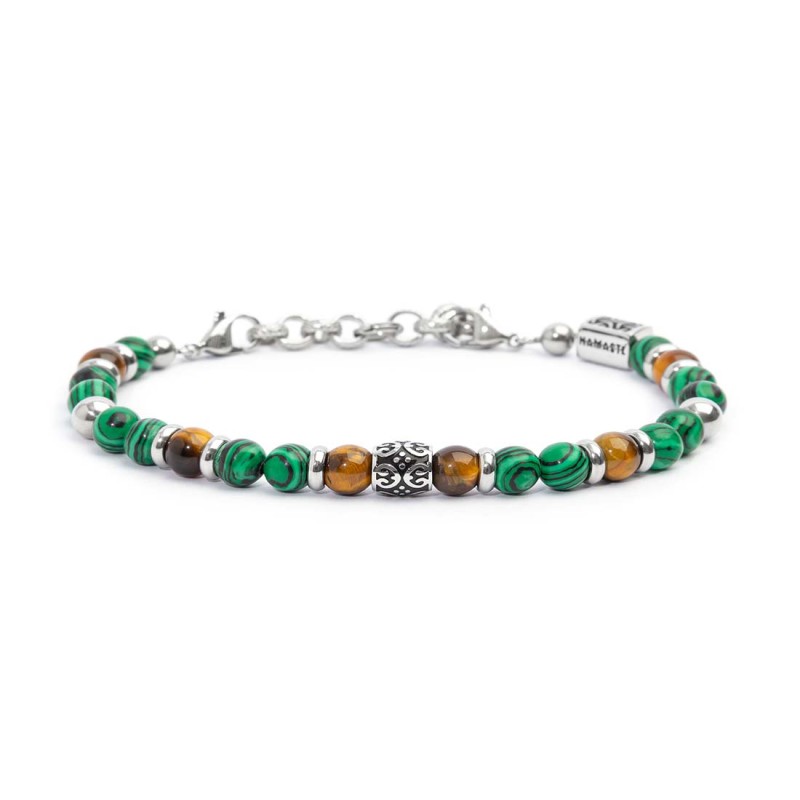 S.STEEL BR MALACHITE, HEMATITE AND TIGER EYE SPHERES S.Steel bracelet with malachite spheres 6,20 mm diameter, alternated with t