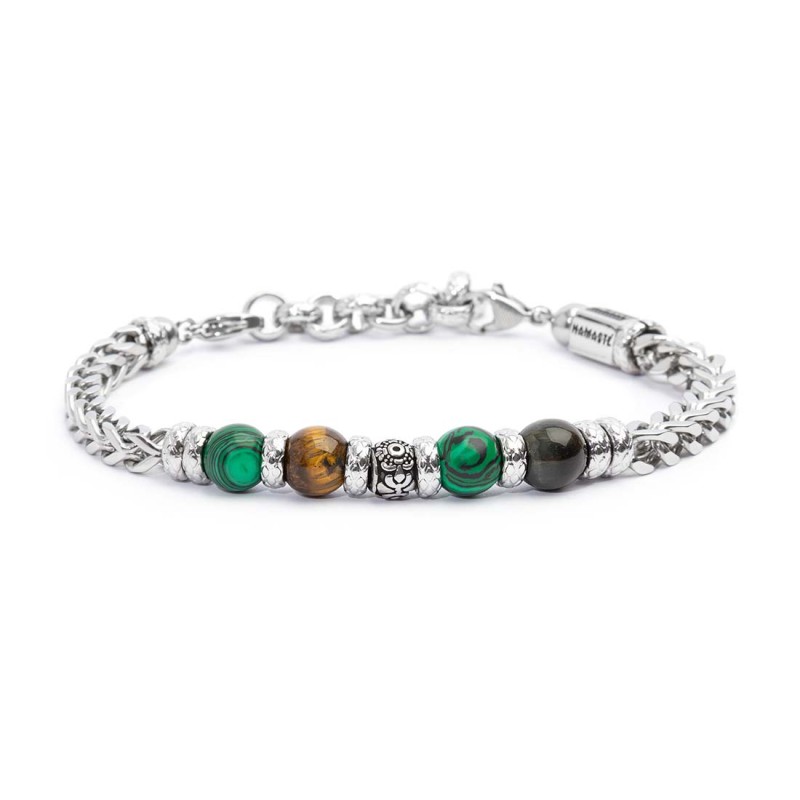 Bracciale catena fishbone con sfere malachite e occhio di tigre