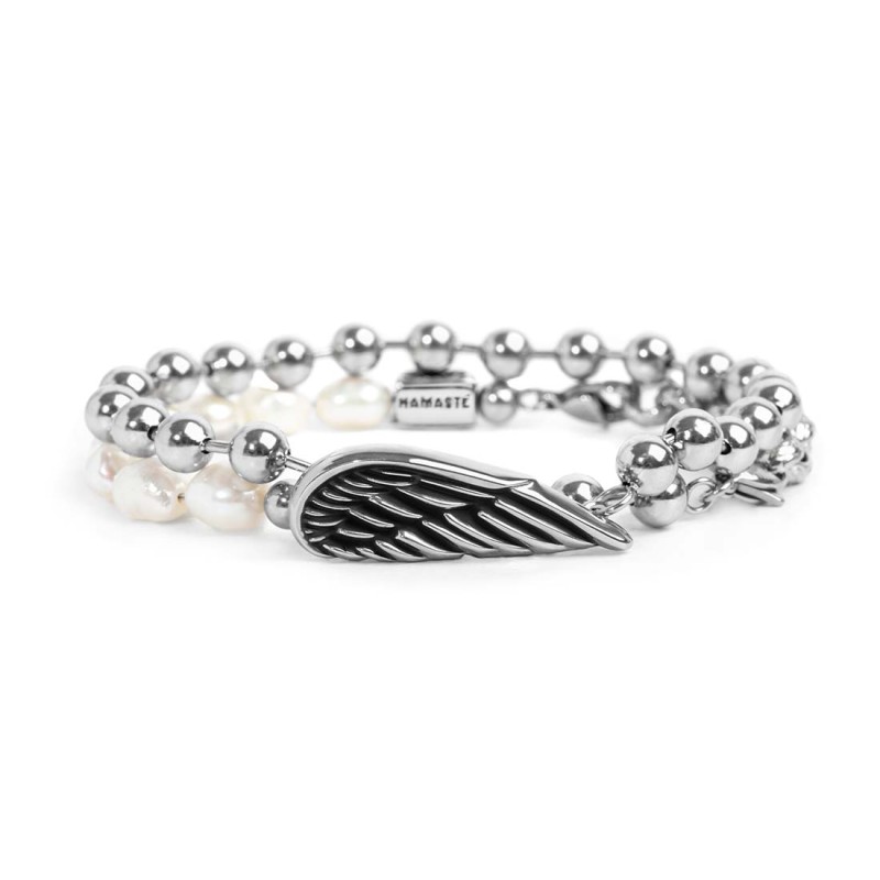 S.STEEL BR DOUBLE TURN WITH BALL CHAIN AND IRREGULAR PEARLS S.steel bracelet with ball chain 6 mm width, length 210 mm and irreg S.STEEL BR DOUBLE TURN WITH BALL CHAIN AND IRREGULAR PEARLS S.steel bracelet with ball chain 6 mm width, length 210 mm and irreg