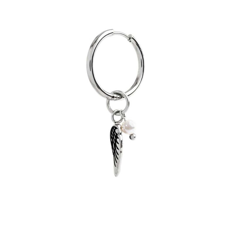 S.S SINGLE ROUND EAR WITH WING PENDANT S.steel single round earring 20 diameter 2 mm thickness, Marlù lasered logo on the side S.S SINGLE ROUND EAR WITH WING PENDANT S.steel single round earring 20 diameter 2 mm thickness, Marlù lasered logo on the side