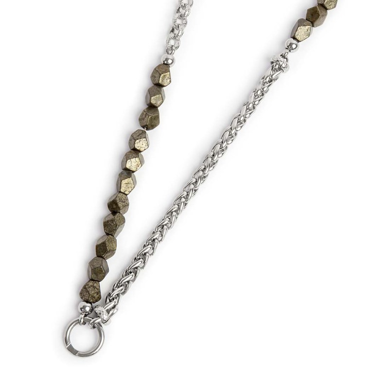 S.STEEL NECKLACE WITH PYRITE AND SONAGLIO CHAIN S.steel necklace with pyrite stone 6*6,30 mm, sonaglio chain 5 mm width and text S.STEEL NECKLACE WITH PYRITE AND SONAGLIO CHAIN S.steel necklace with pyrite stone 6*6,30 mm, sonaglio chain 5 mm width and text