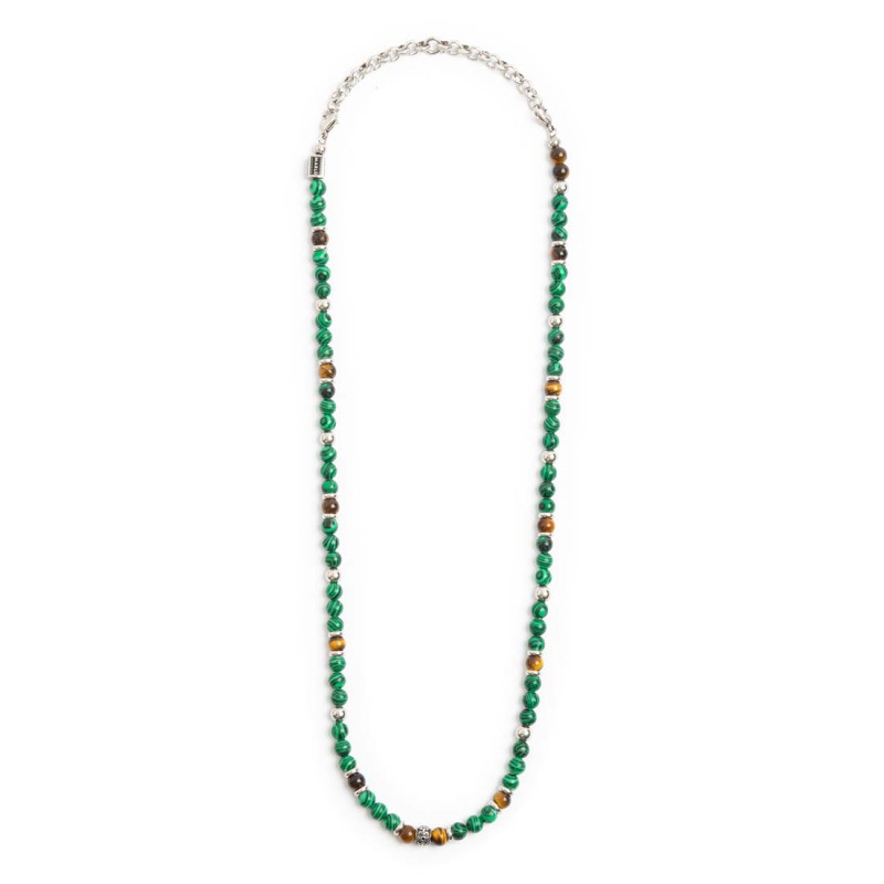 S.STEEL NECKLACE MALACHITE AND TIGER EYE SPHERES S.steel necklace with malachite spheres 6,20 mm diameter alternated with tiger S.STEEL NECKLACE MALACHITE AND TIGER EYE SPHERES S.steel necklace with malachite spheres 6,20 mm diameter alternated with tiger
