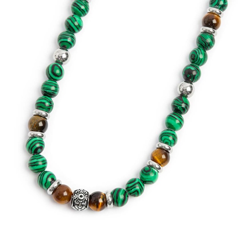 S.STEEL NECKLACE MALACHITE AND TIGER EYE SPHERES S.steel necklace with malachite spheres 6,20 mm diameter alternated with tiger S.STEEL NECKLACE MALACHITE AND TIGER EYE SPHERES S.steel necklace with malachite spheres 6,20 mm diameter alternated with tiger