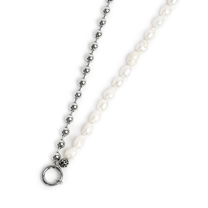 S.STEEL NECKLACE BALL CHAIN AND IRREGULAR PEARLS S.steel necklace with ball chain 6 mm width, chain length 280 mm and irregular
