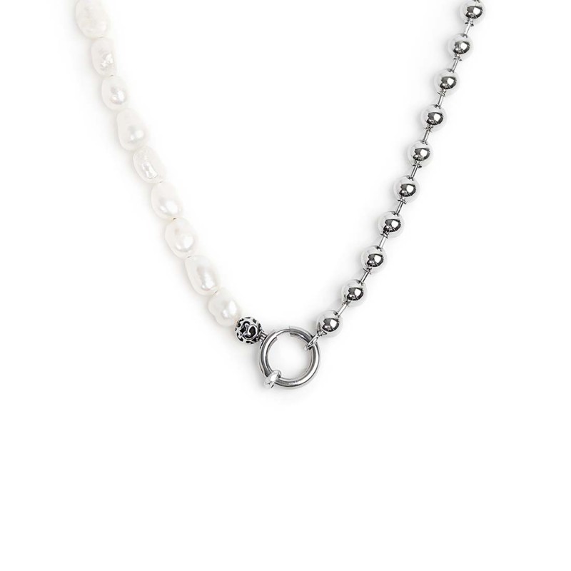 S.STEEL NECKLACE BALL CHAIN AND IRREGULAR PEARLS S.steel necklace with ball chain 6 mm width, chain length 280 mm and irregular