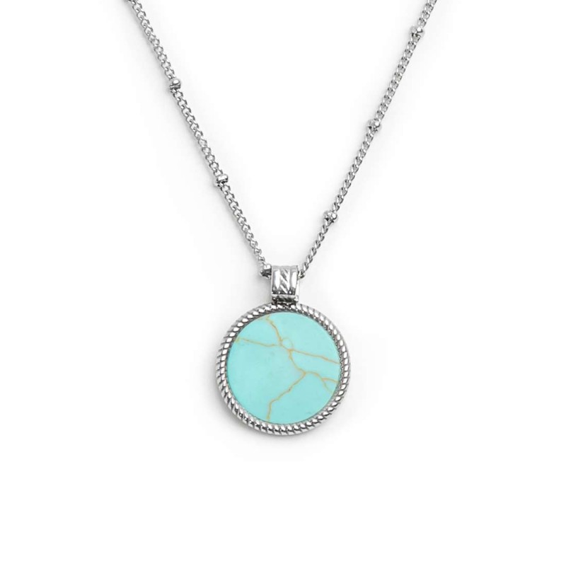 S.STEEL NECKLACE ROUND TURQUOISE PENDANT S.steel necklace with grumetta chain with balls 1,40 mm width, 0,80 mm thickness. Round S.STEEL NECKLACE ROUND TURQUOISE PENDANT S.steel necklace with grumetta chain with balls 1,40 mm width, 0,80 mm thickness. Round