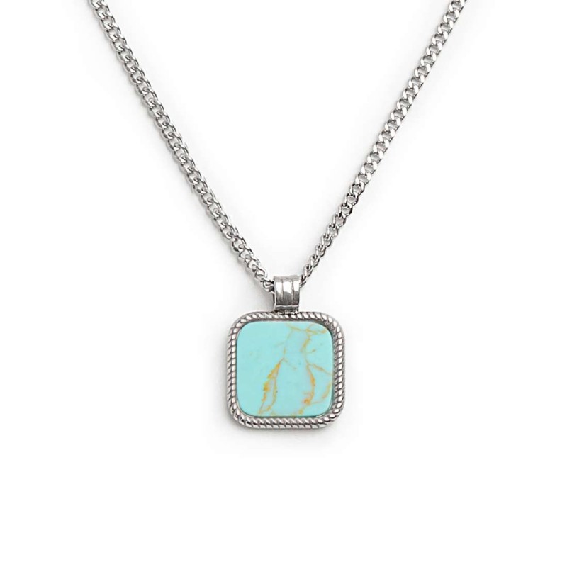 S.STEEL NECKLACE SQUARED TURQUOISE PENDANT S.steel necklace with grumetta chain 2,30 mm width and 1,30 thickness. Squared plate S.STEEL NECKLACE SQUARED TURQUOISE PENDANT S.steel necklace with grumetta chain 2,30 mm width and 1,30 thickness. Squared plate