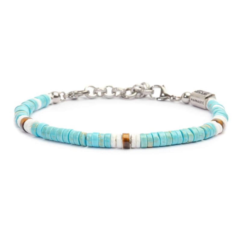 S.S. BR TURQUOISE, TIGER EYE AND PUKA SHELL S.steel bracelet box rounded chain, 0,60 mm width with turquoise beads 5/5,50 mm dia S.S. BR TURQUOISE, TIGER EYE AND PUKA SHELL S.steel bracelet box rounded chain, 0,60 mm width with turquoise beads 5/5,50 mm dia