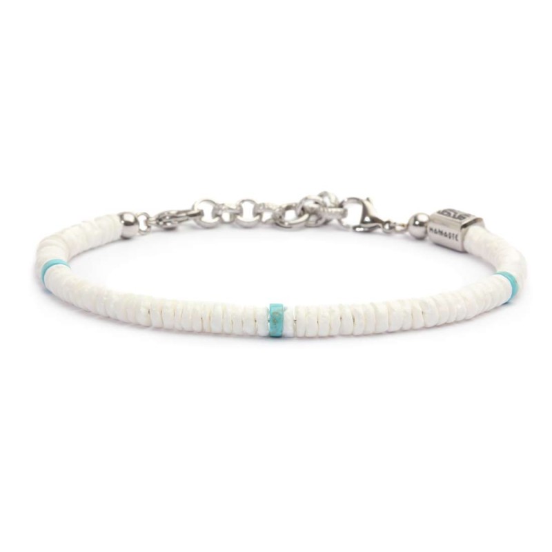 S.S. BR WHITE PUKA SHELL AND TURQU STONE S.steel bracelet box rounded chain 0,60 mm width with white puka shell beads 5,30/5,60 S.S. BR WHITE PUKA SHELL AND TURQU STONE S.steel bracelet box rounded chain 0,60 mm width with white puka shell beads 5,30/5,60