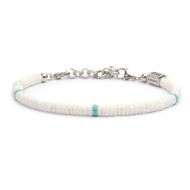 S.S. BR WHITE PUKA SHELL AND TURQU STONE S.steel bracelet box rounded chain 0,60 mm width with white puka shell beads 5,30/5,60