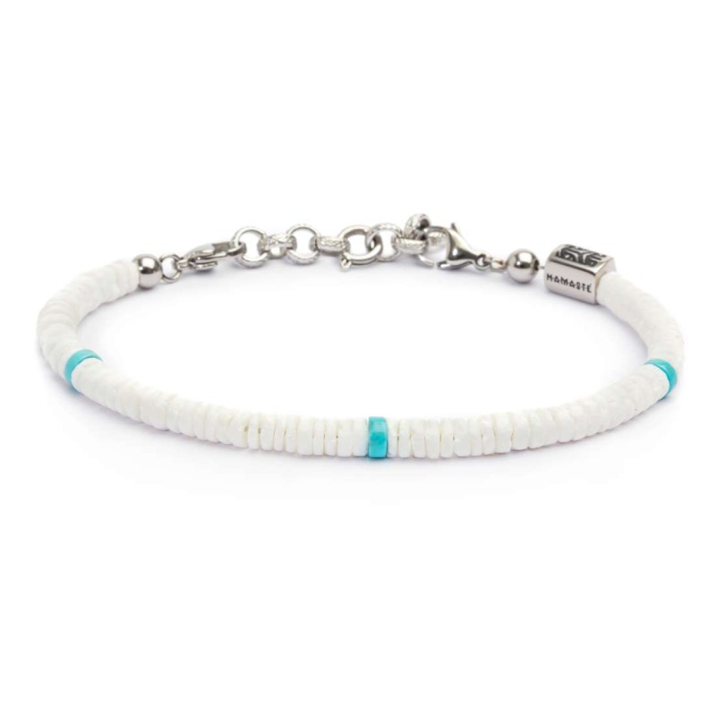 S.S. ANKLET WHITE PUKA SHELL AND TURQU STONE S.Steel anklet box rounded chain 0,60 mm thickness with white puka shell beads 5,30 S.S. ANKLET WHITE PUKA SHELL AND TURQU STONE S.Steel anklet box rounded chain 0,60 mm thickness with white puka shell beads 5,30