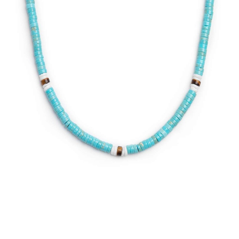 S.S. NECKLACE TURQUOISE, TIGER EYE AND PUKA SHELL S.Steel anklet box rounded chain, 0,60 mm thickness with turquoise stone beads S.S. NECKLACE TURQUOISE, TIGER EYE AND PUKA SHELL S.Steel anklet box rounded chain, 0,60 mm thickness with turquoise stone beads